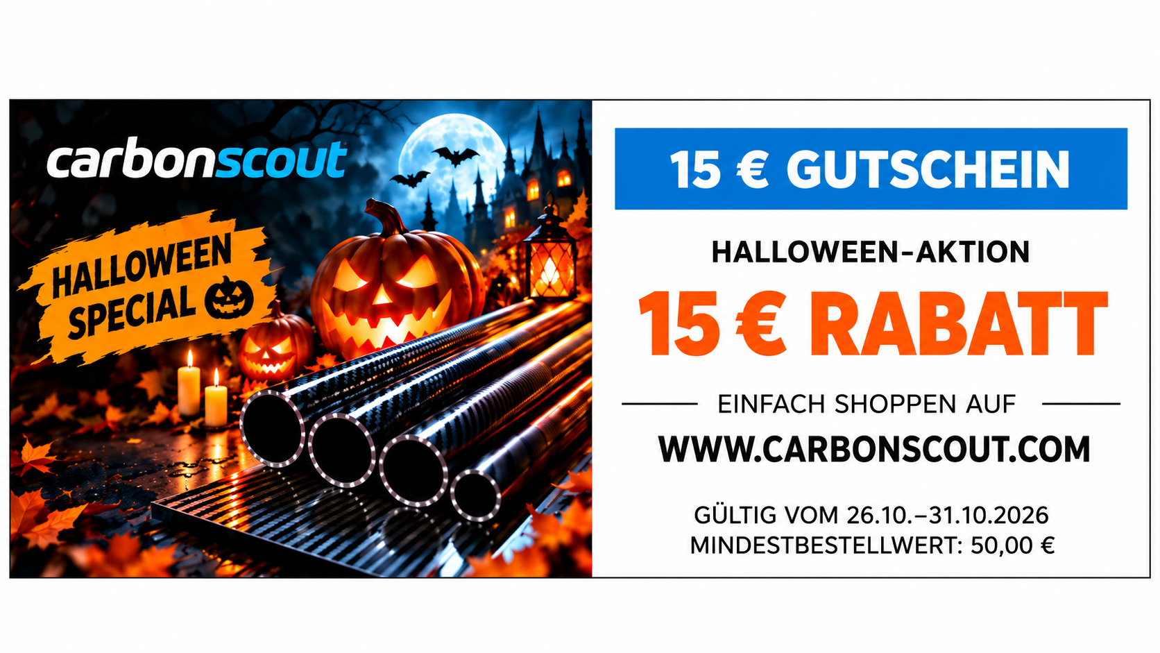 Halloween-Aktion: 15 Euro Rabatt vom 26.10. bis 31.10.2026 ab 50 Euro Mindestbestellwert